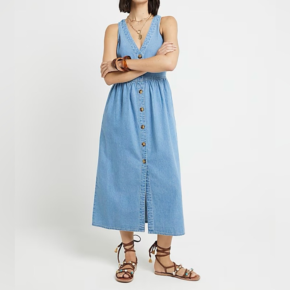 River Island Denim Sleeveless Button-Up Midi Smock Dress